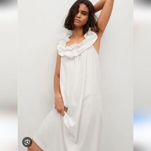 Mango White Ruffle Neck Dress Cotton Frill Maxi XXL Free Fitting Feminine
